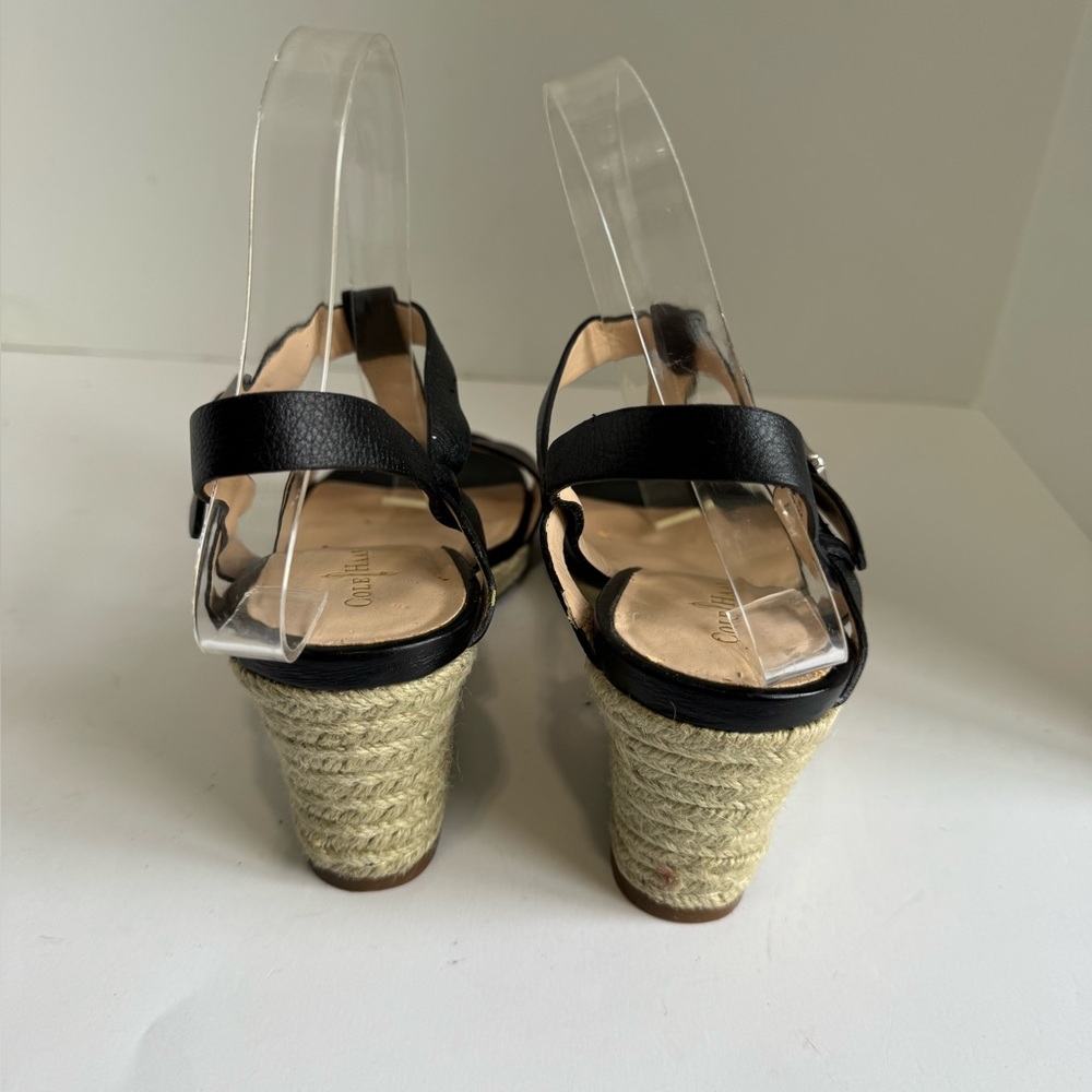 Cole Haan Elizabeth Wedge Sandal Black Leather T-Strap Espadrille Size 8 - Picture 14 of 16